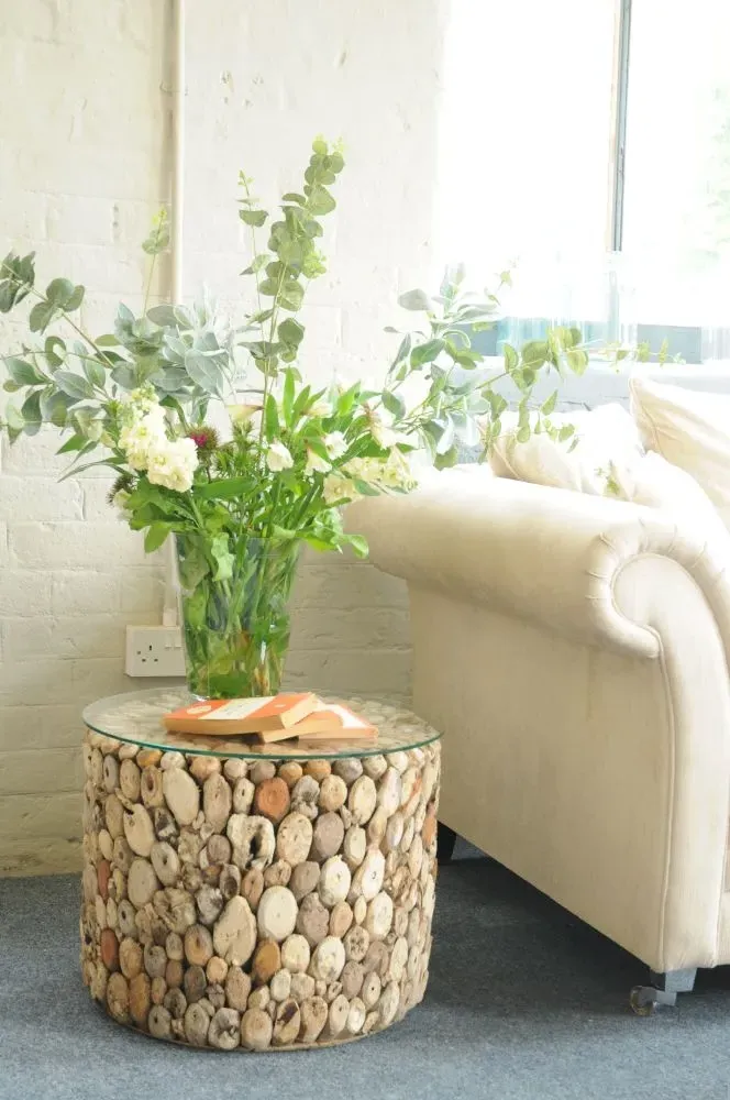 Driftwood Drum Lamp Table - Weathered, Glass