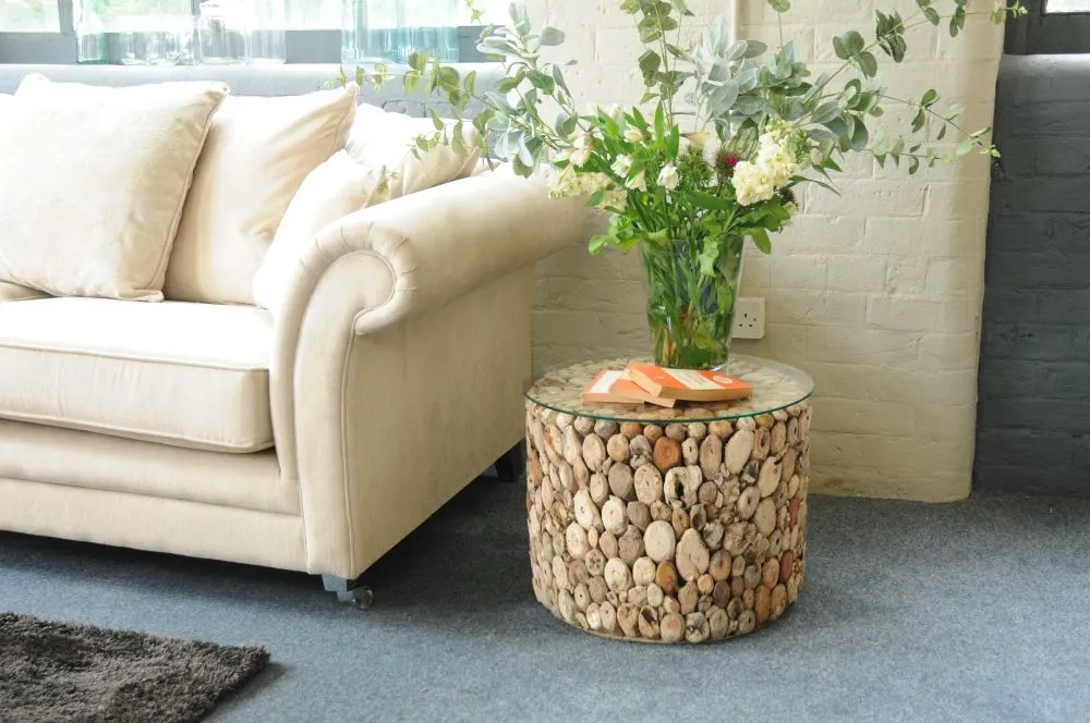 Driftwood Drum Lamp Table - Weathered, Glass