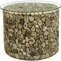 Driftwood Drum Lamp Table - Weathered, Glass