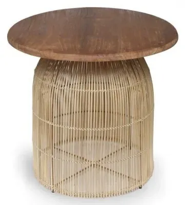 Round Side Table with Weaved Base - Natural, Mindi Wood
