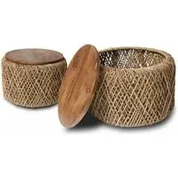 Set of 2 Round Coffee Tables with Weaved Base - Natural, Mindi Wood