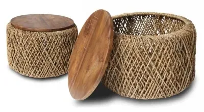 Set of 2 Round Coffee Tables with Weaved Base - Natural, Mindi Wood