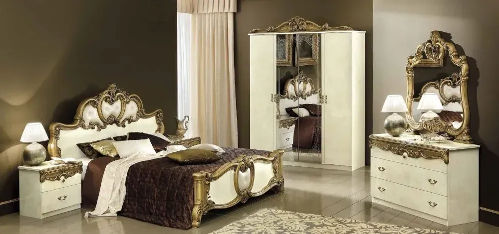 Barocco Italian Leather Bed - Ivory, Gold