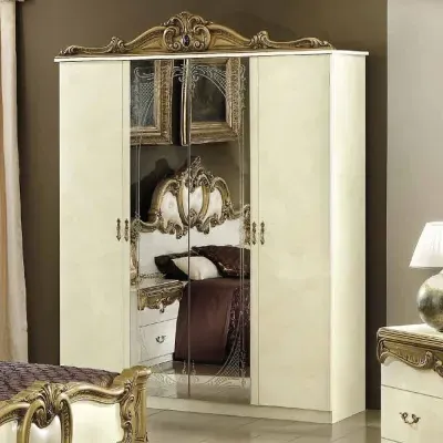 Camel Barocco 4 Door Wardrobe with Mirrors - Ivory, Gold
