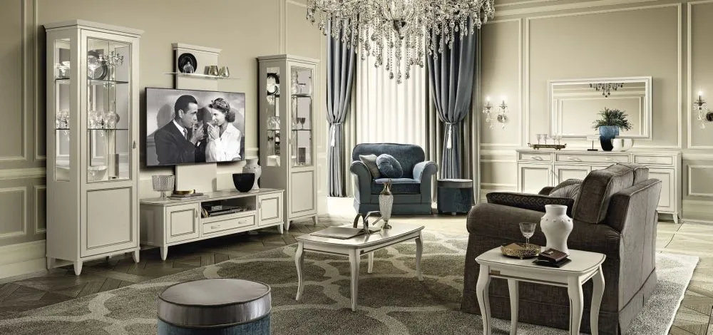 Giotto TV Wall Panel with Glass Shelf - Bianco Antico