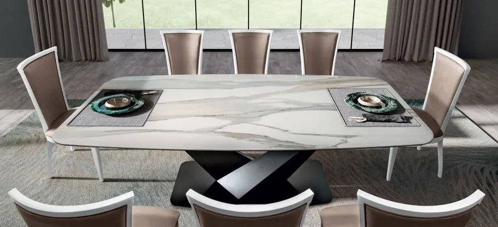 Modum Elite Bianco Antico 8-Seater Dining Table with V Base - Calcatta Gold