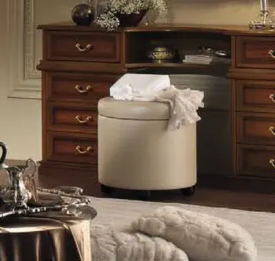 Nostalgia Round Leather Pouf - Ivory, Walnut image