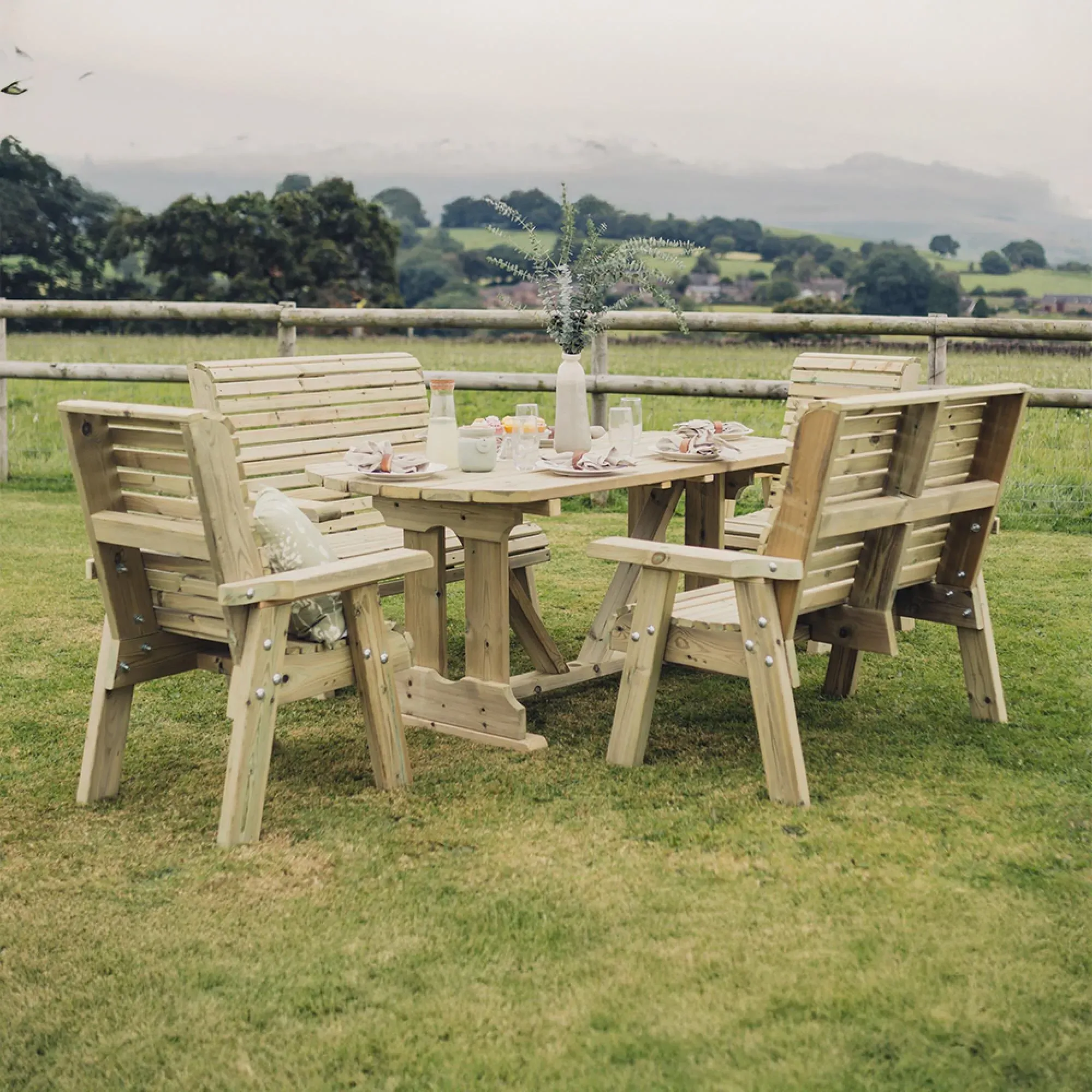 Ergo Redwood Garden Table Set with 2 Chairs 2 Benches - Ivory