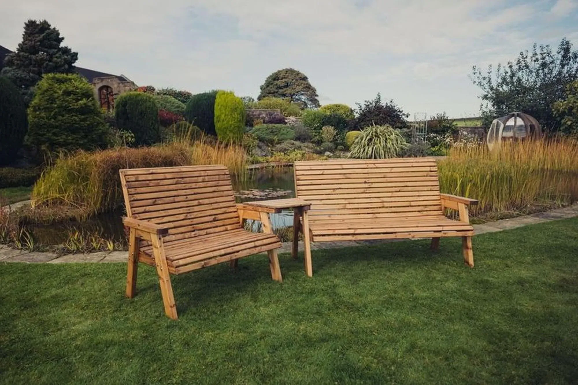 Redwood Angled 2-Seater and 3-Seater Garden Benches Set - Brown