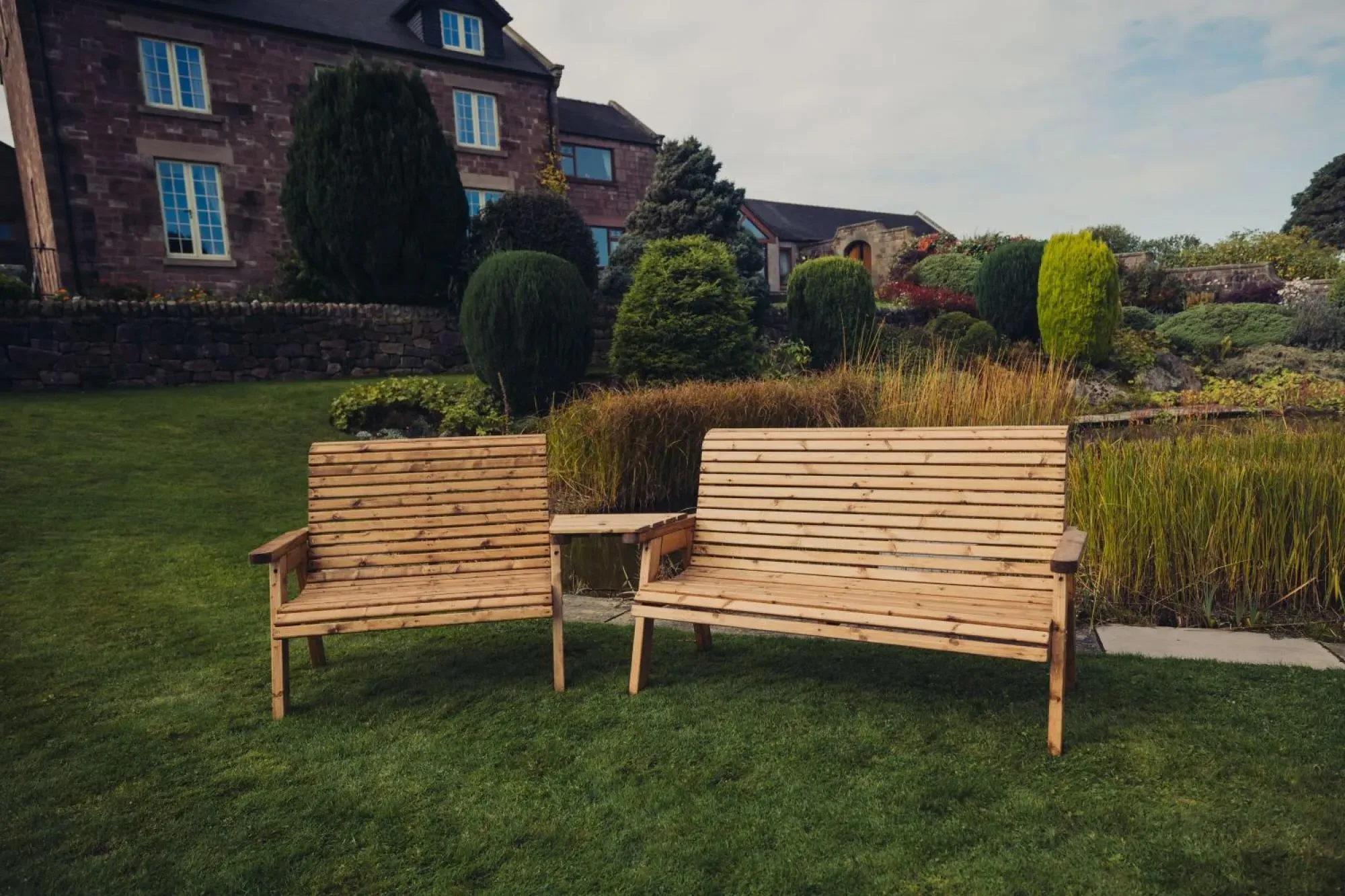 Redwood Angled 2-Seater and 3-Seater Garden Benches Set - Brown