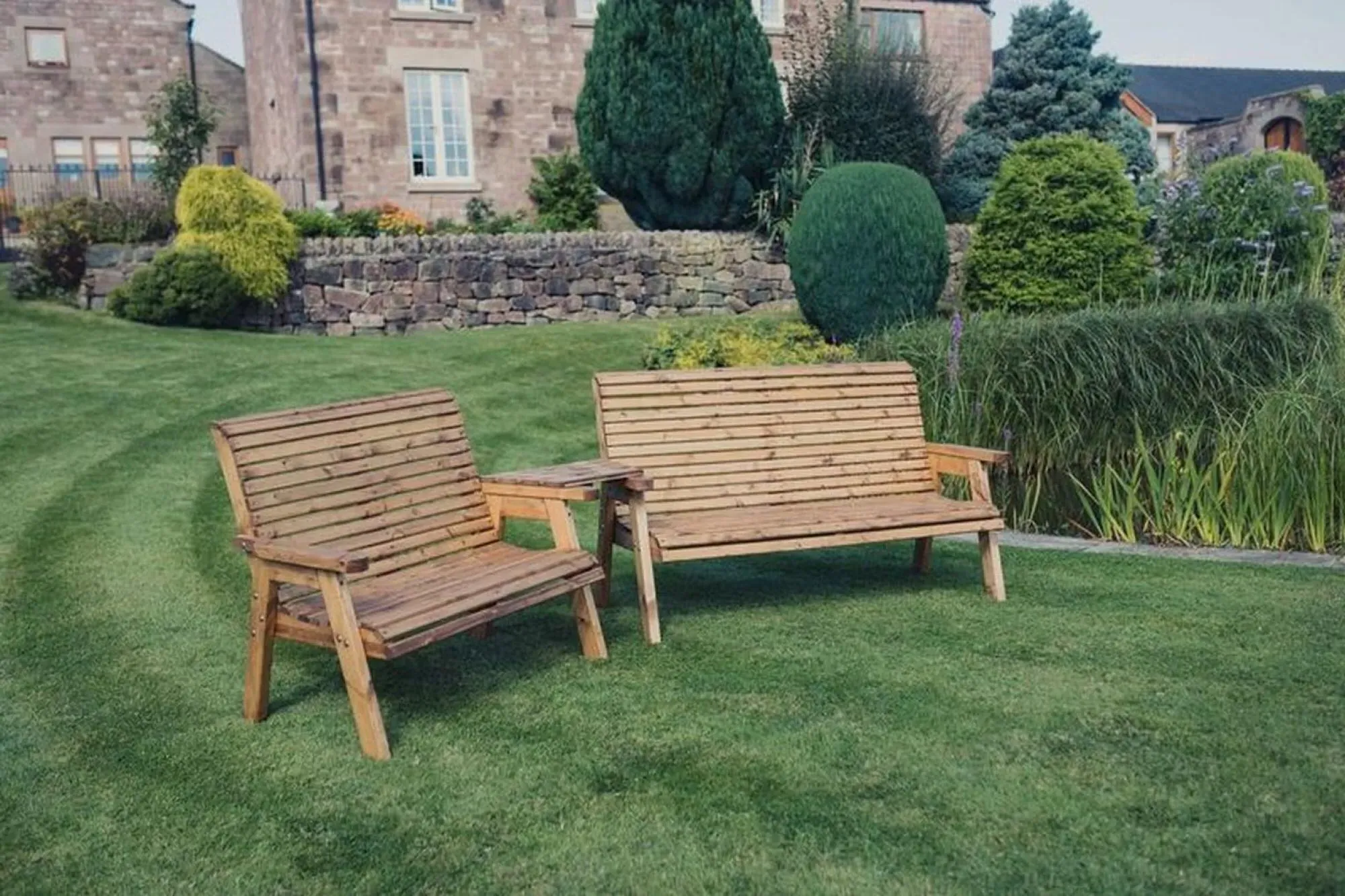 Redwood Angled 2-Seater and 3-Seater Garden Benches Set - Brown