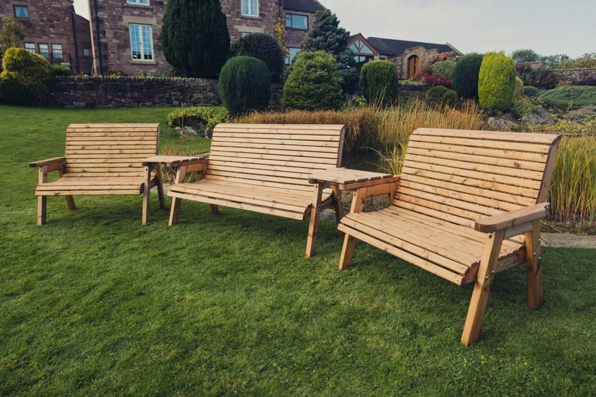 Redwood Angled Garden Benches Set 2x2-Seater 1x3-Seater - Brown