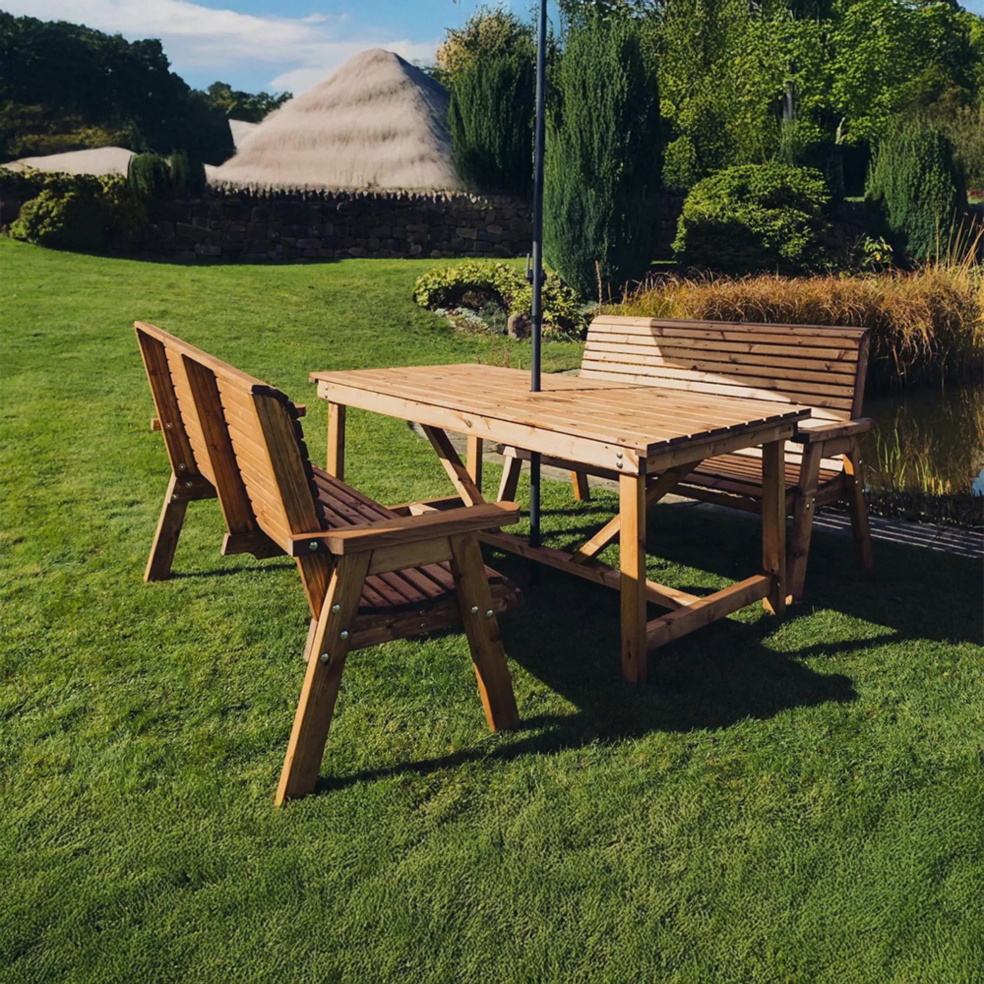 Redwood Rectangular Garden Table Set with 2 Benches - Brown