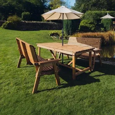 Redwood Rectangular Garden Table Set with 2 Benches - Brown