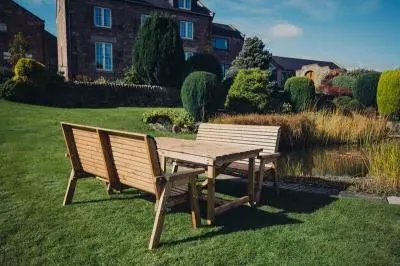 Redwood Rectangular Garden Table Set with 3-Seater Benches - Brown