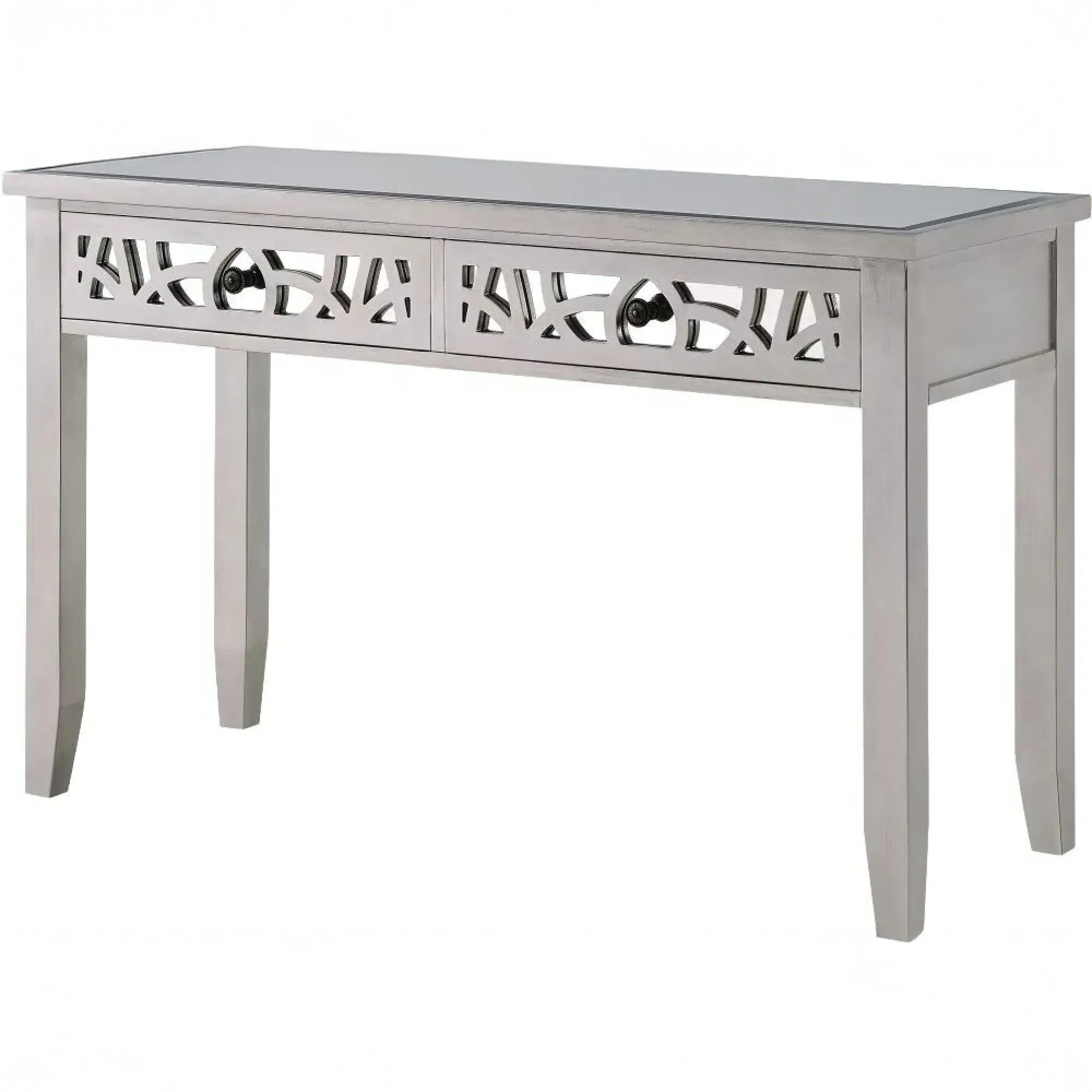 Cardiff Grey Mirrored 2 Drawer Console Table - Antique Brass