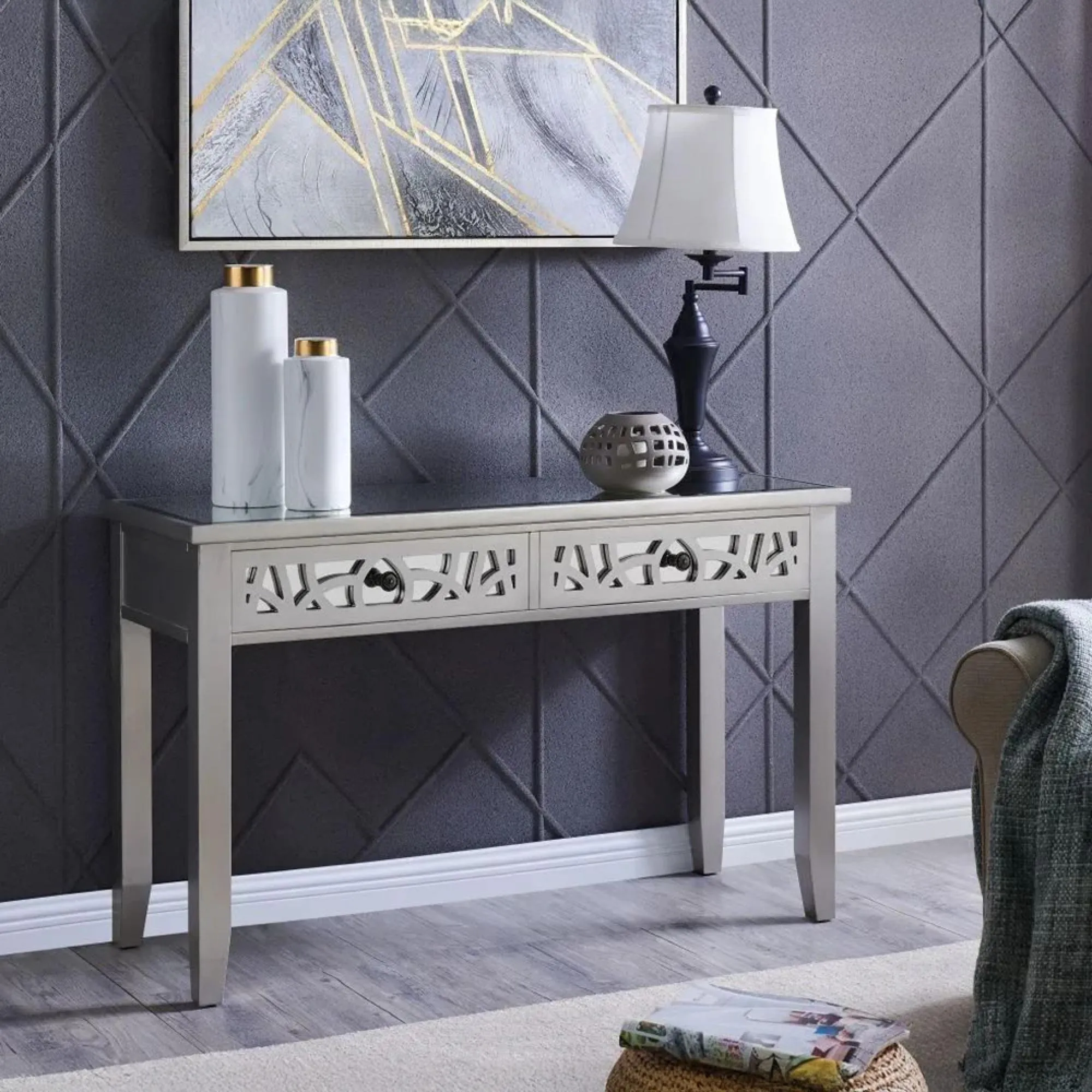 Cardiff Grey Mirrored 2 Drawer Console Table - Antique Brass