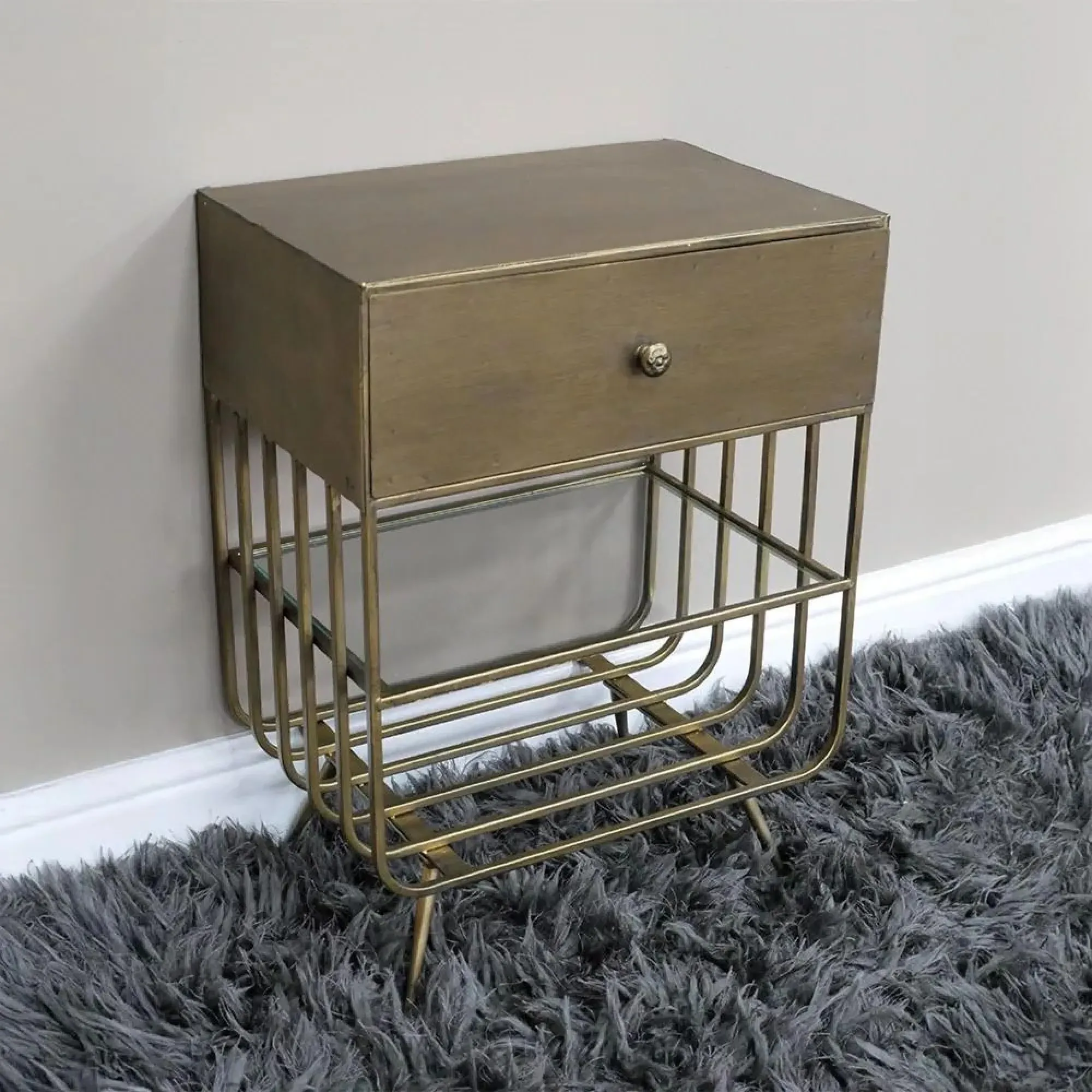Dutch Brushed Metal and Glass 1 Drawer Bedside Cabinet - A298