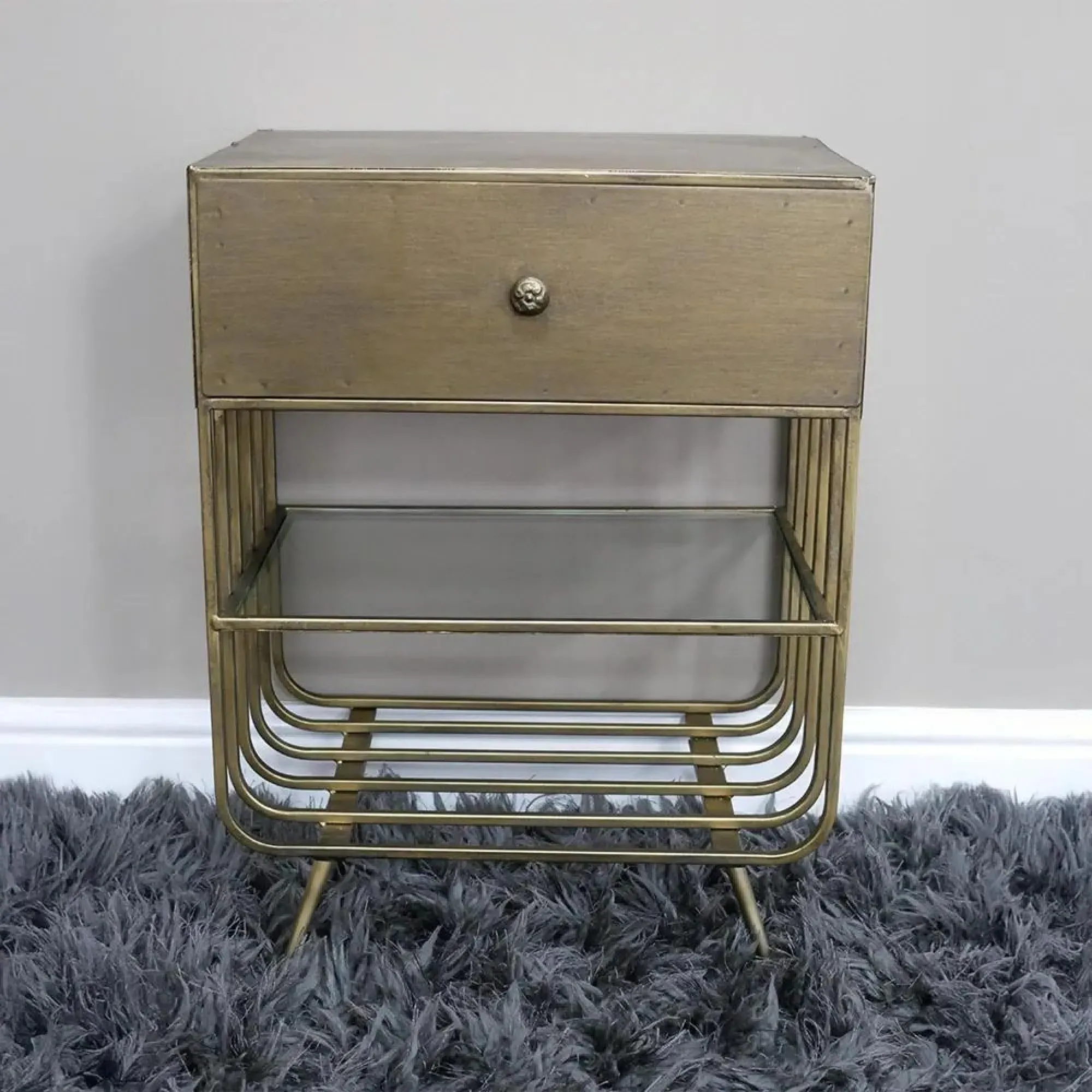 Dutch Brushed Metal and Glass 1 Drawer Bedside Cabinet - A298