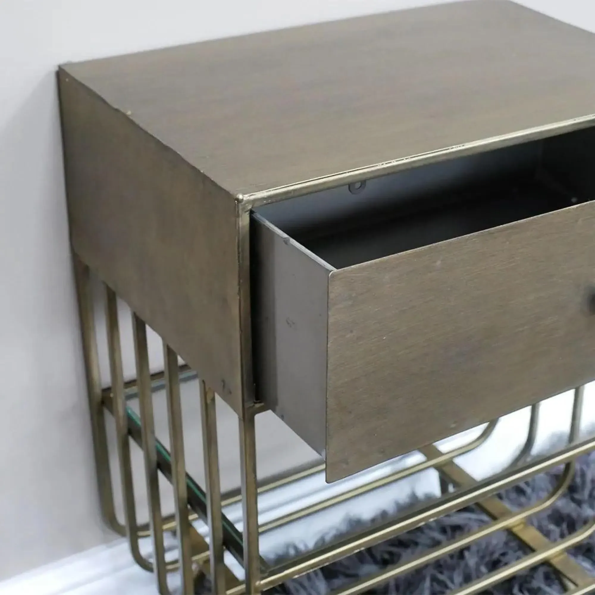 Dutch Brushed Metal and Glass 1 Drawer Bedside Cabinet - A311