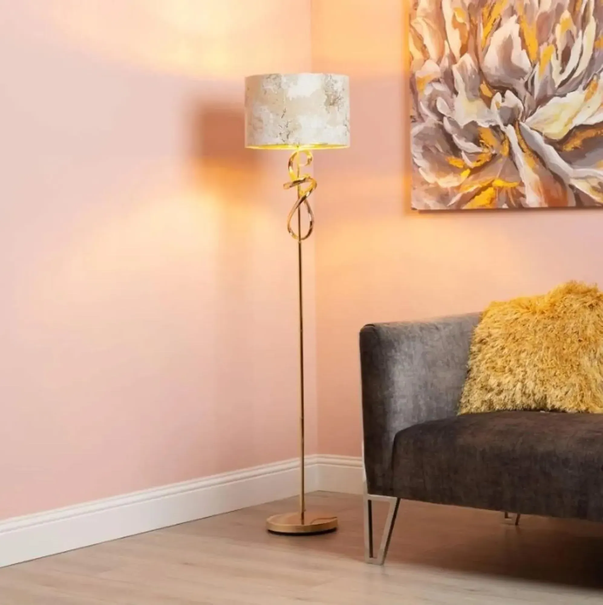 Gold Swirl Floor Lamp - Ivory, Linen