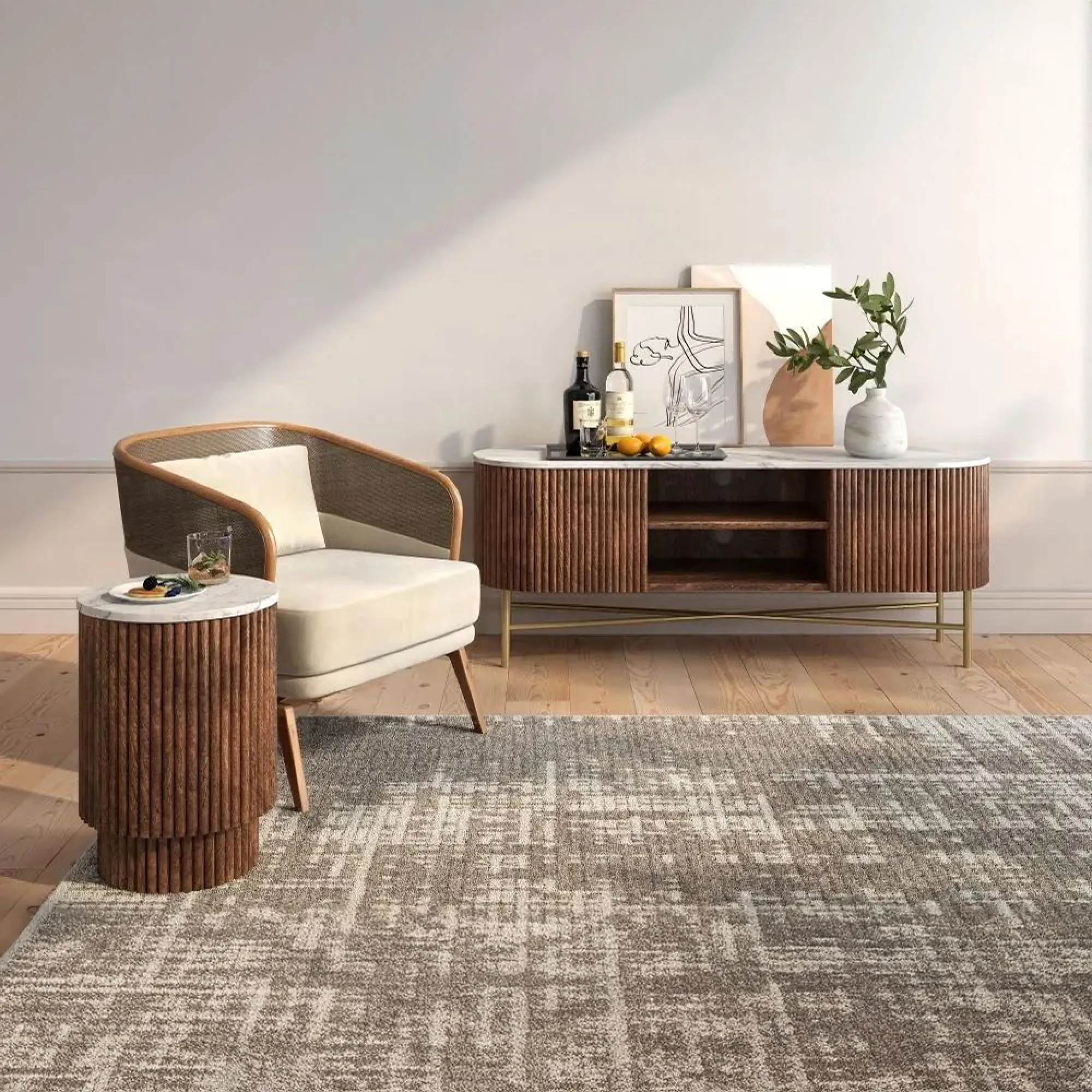 Harvard Round Fluted Side Table - Walnut, Marble