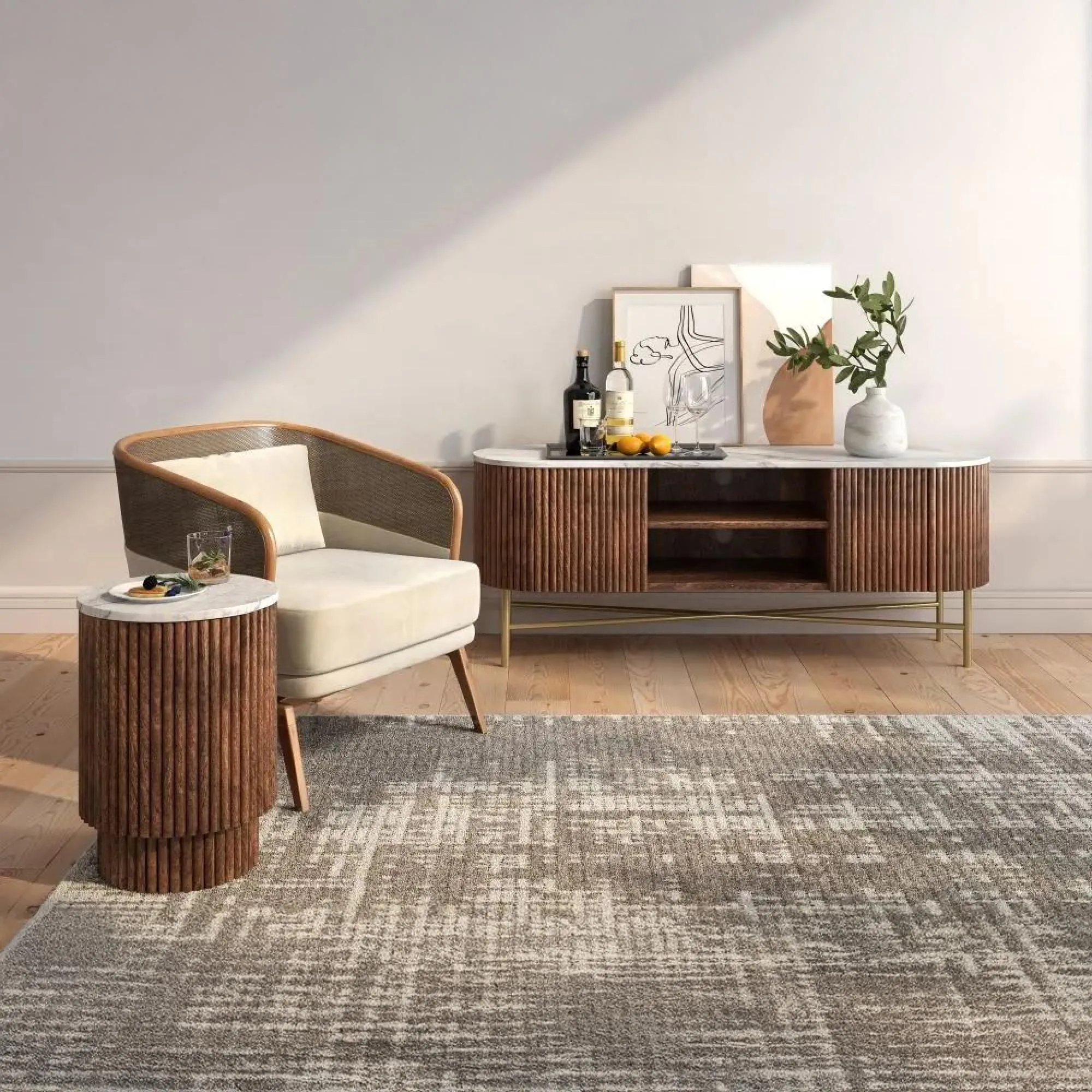 Harvard Round Fluted Side Table - Walnut, Marble