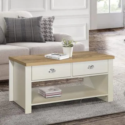 Highgate Coffee Table with 2 Drawers - Cream, Oak Effect image