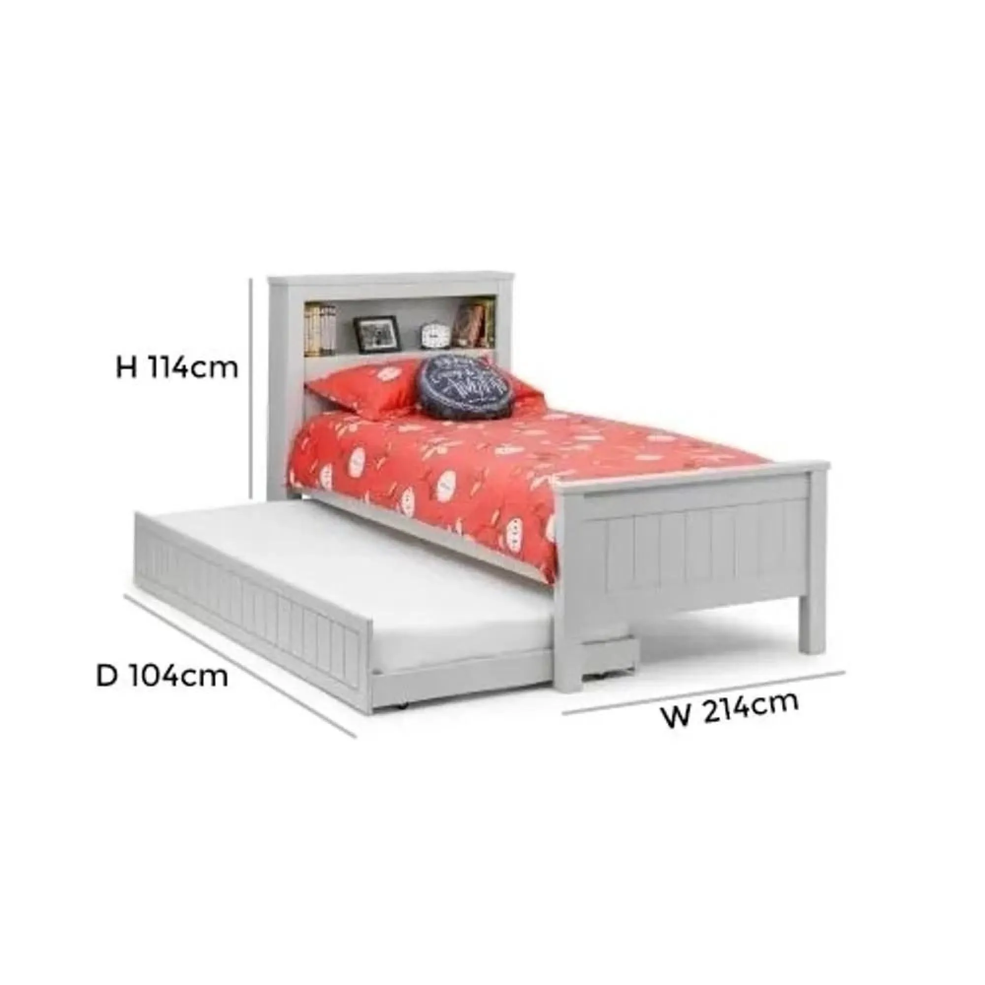Maine Single Bed with Bookcase - Grey