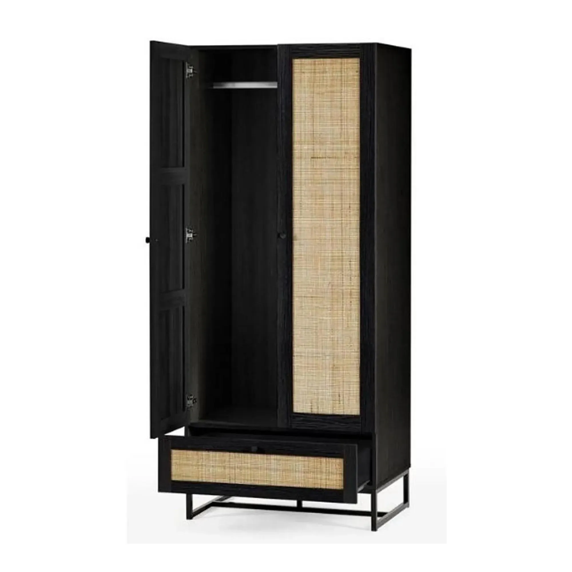 Padstow 2 Door 1 Drawer Double Wardrobe - Black, Rattan