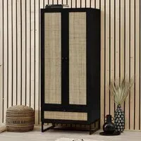 Padstow 2 Door 1 Drawer Double Wardrobe - Black, Rattan