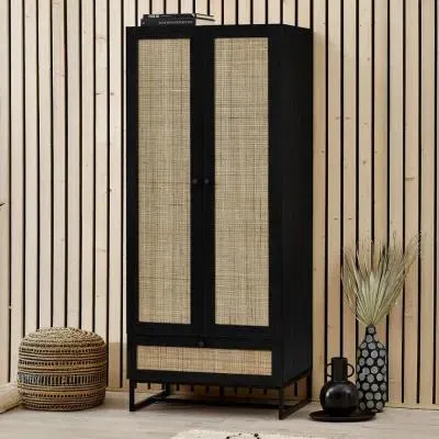 Padstow 2 Door 1 Drawer Double Wardrobe - Black, Rattan image