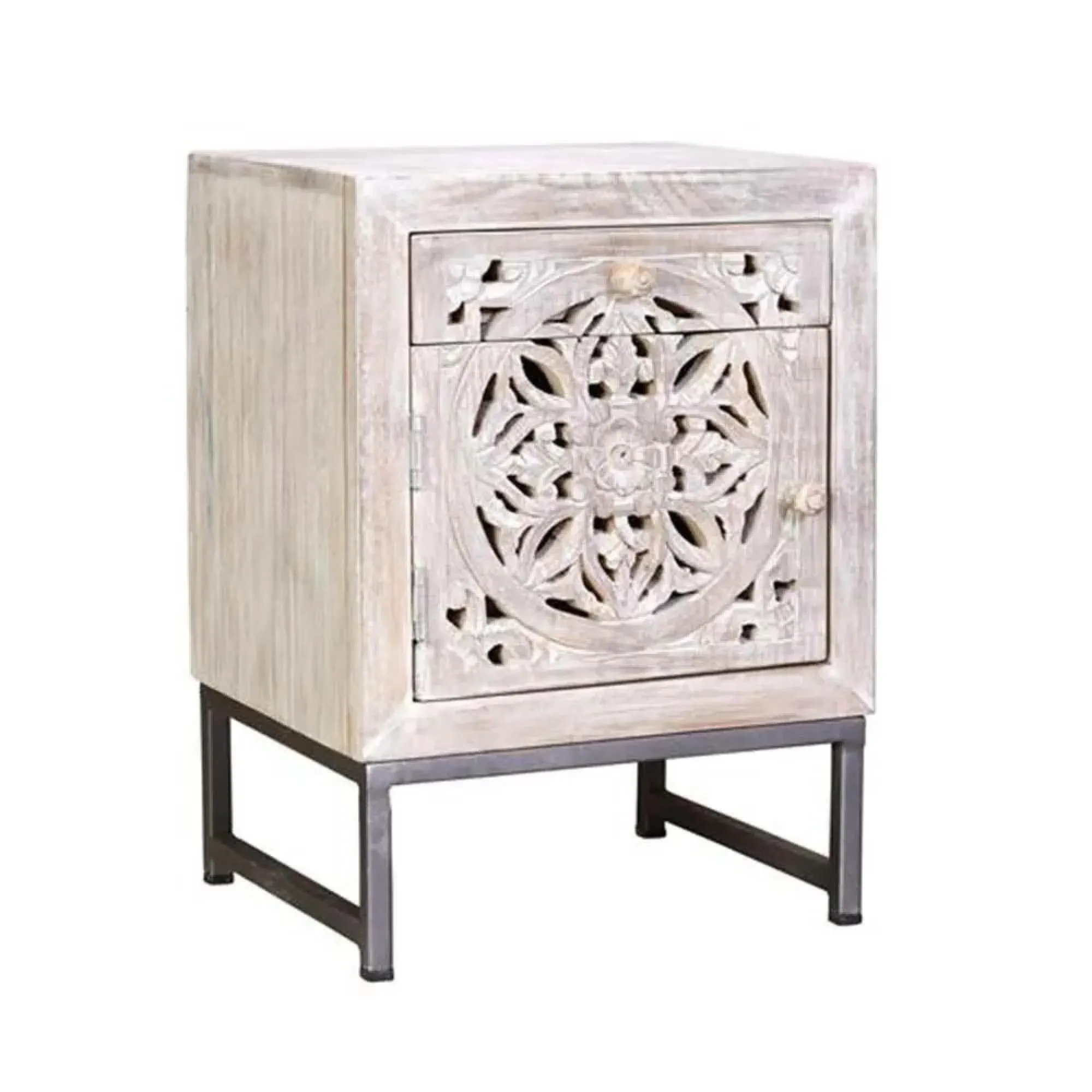 Quintana Carved 1 Door Bedside Cabinet - White Washed, Mango Wood
