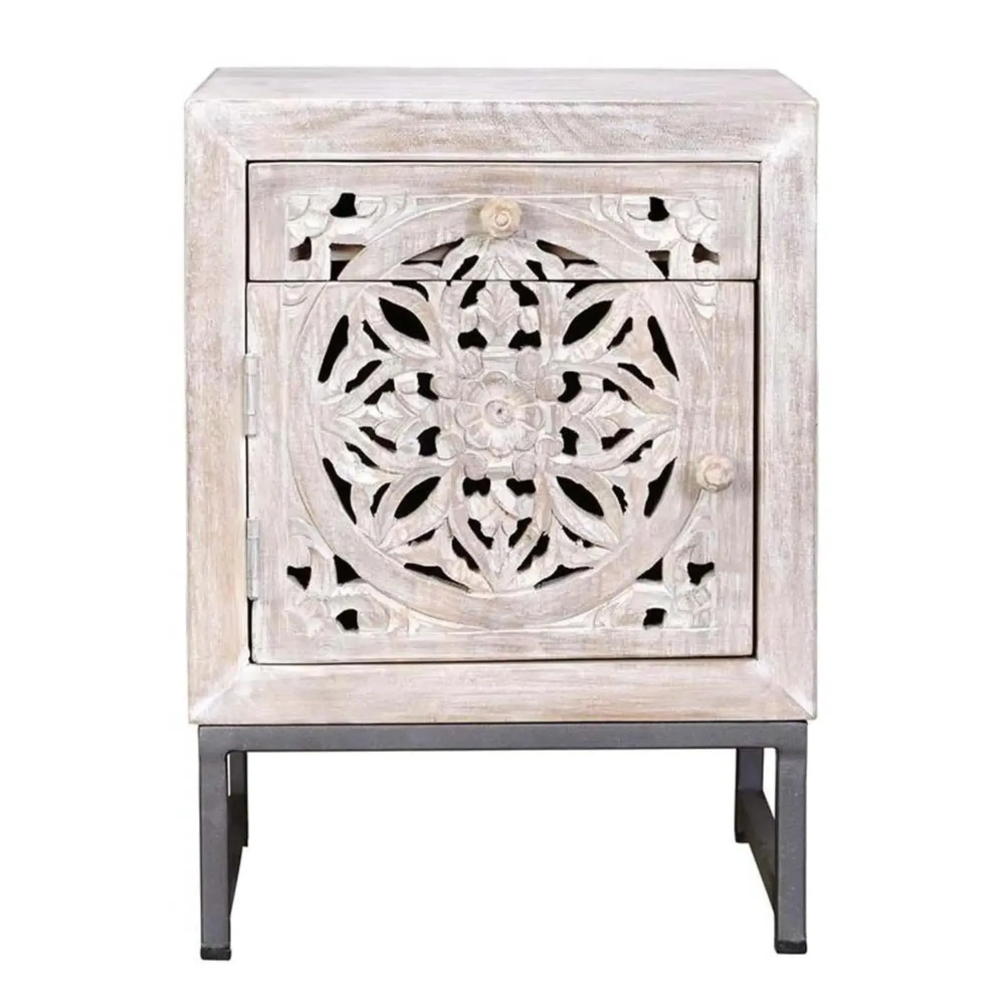 Quintana Carved 1 Door Bedside Cabinet - White Washed, Mango Wood