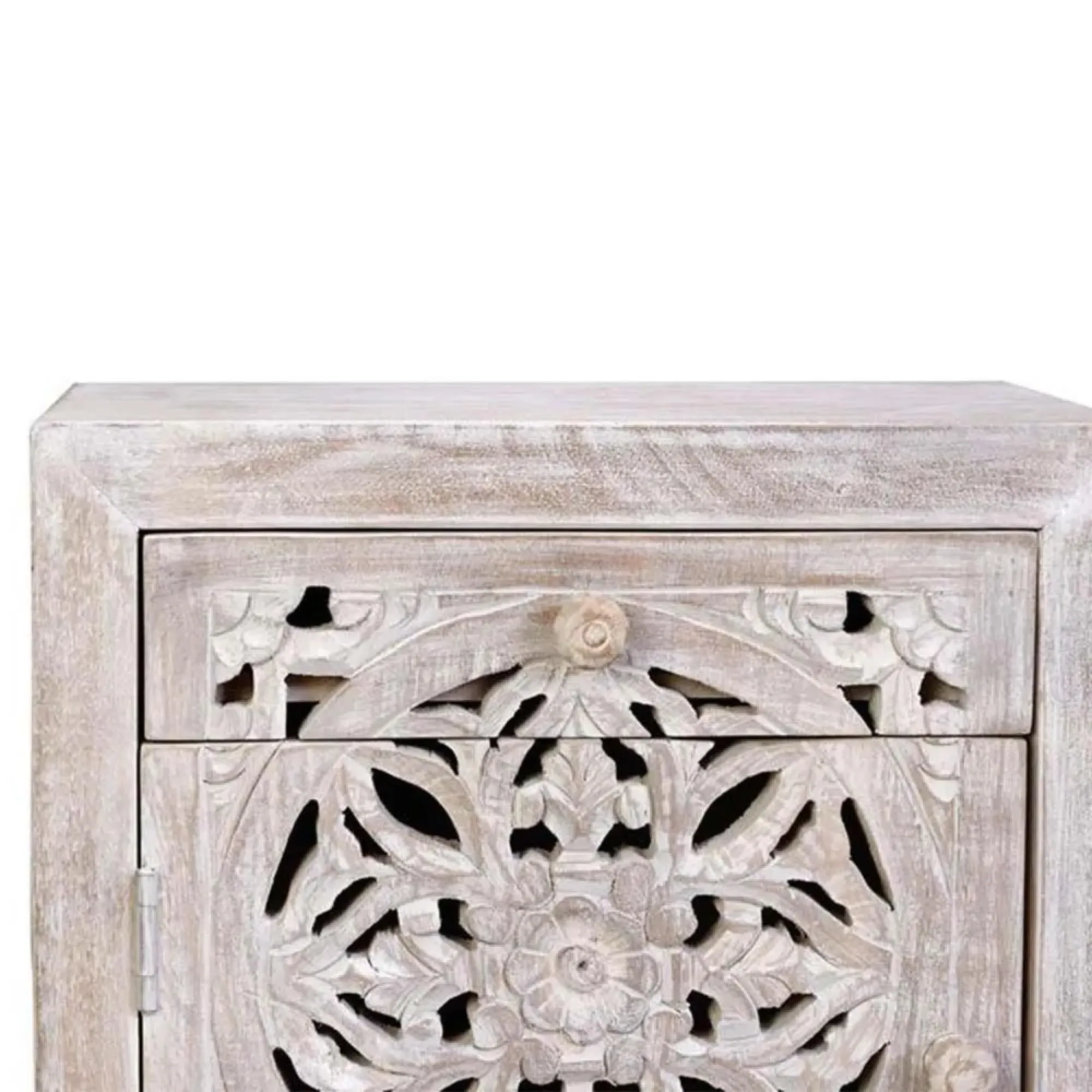 Quintana Carved 1 Door Bedside Cabinet - White Washed, Mango Wood