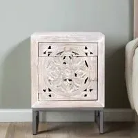Quintana Carved 1 Door Bedside Cabinet - White Washed, Mango Wood