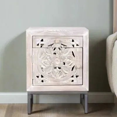Quintana Carved 1 Door Bedside Cabinet - White Washed, Mango Wood image