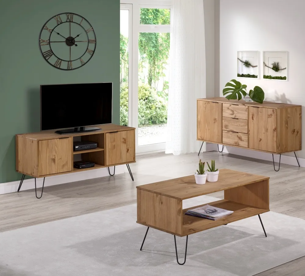 Alaska 2 Door TV Unit with Hairpin Legs - Waxed Pine