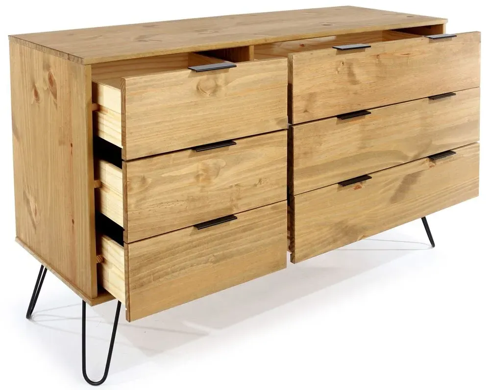 Alaska 6 Drawer Wide Chest with Hairpin Legs - Waxed Pine