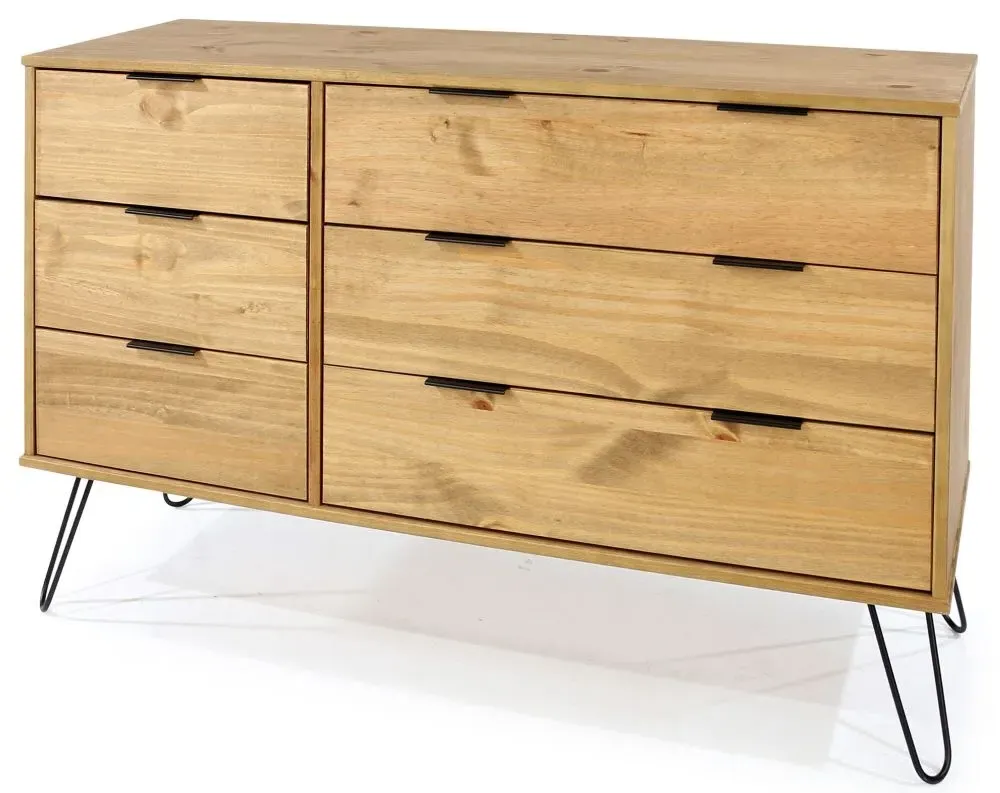 Alaska 6 Drawer Wide Chest with Hairpin Legs - Waxed Pine