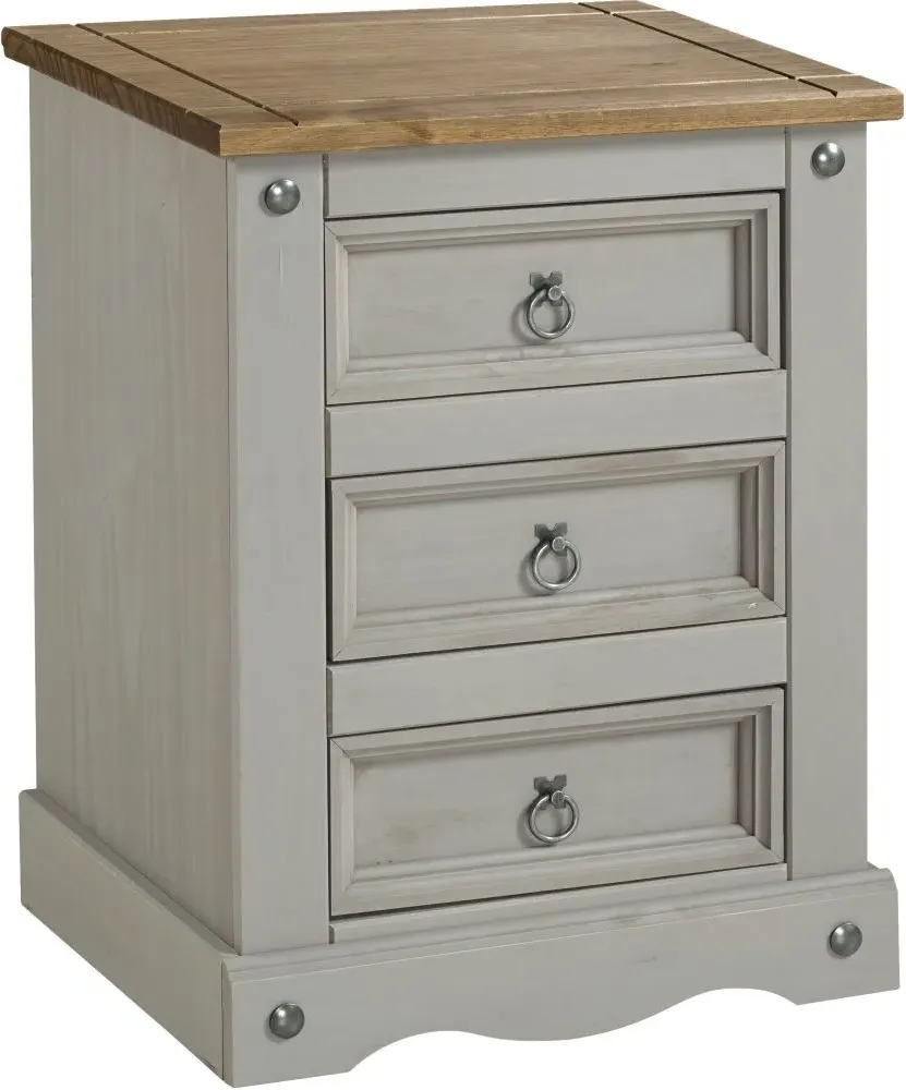 Corona Mexican 3 Drawer Bedside Cabinet - Grey, Pine