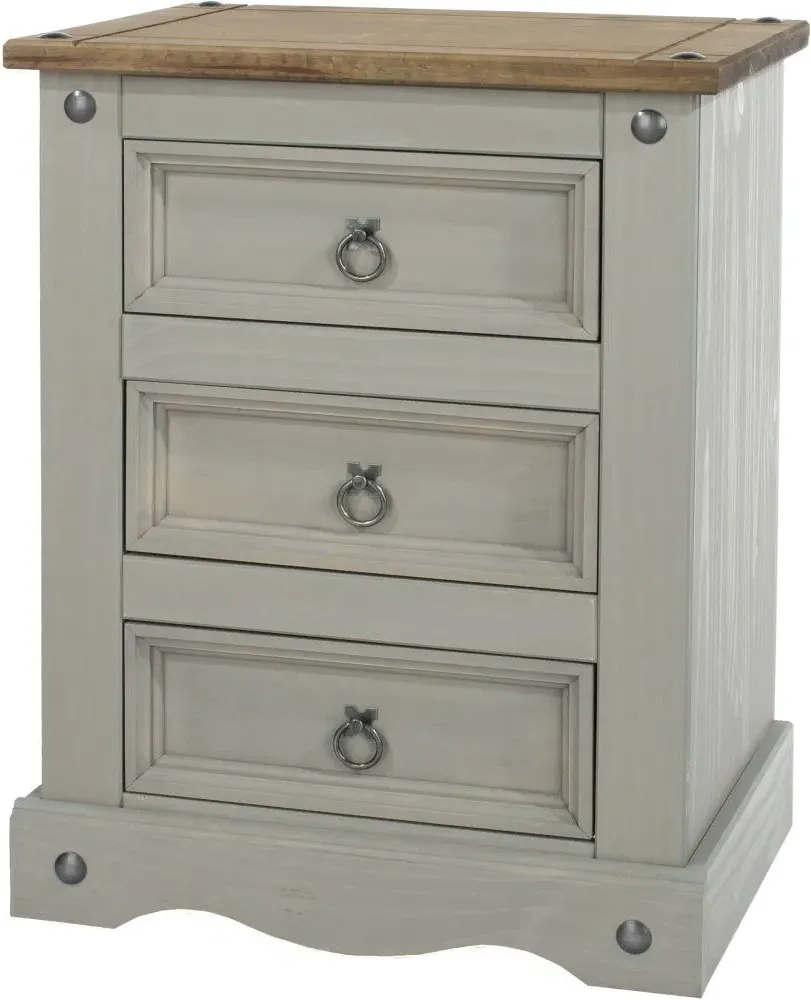 Corona Mexican 3 Drawer Bedside Cabinet - Grey, Pine