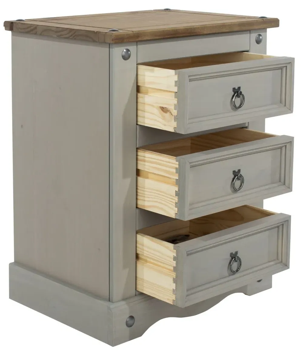 Corona Mexican 3 Drawer Bedside Cabinet - Grey, Pine