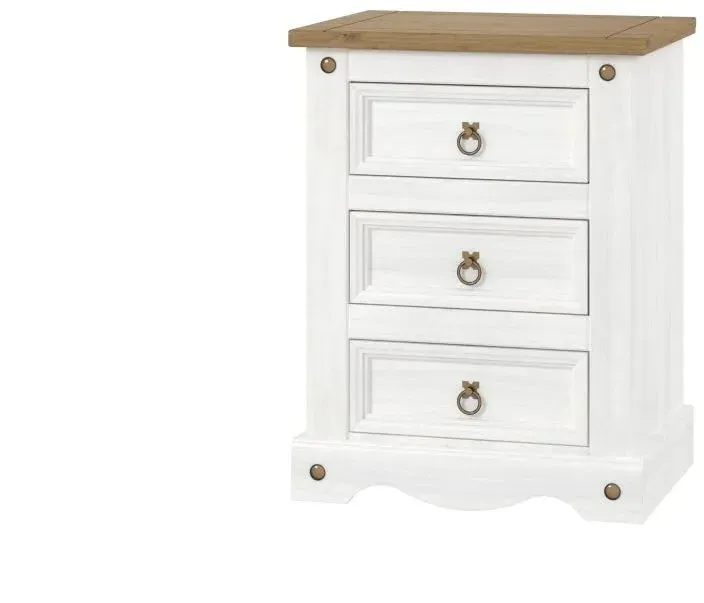 Corona Mexican 3 Drawer Bedside Cabinet - White, Pine