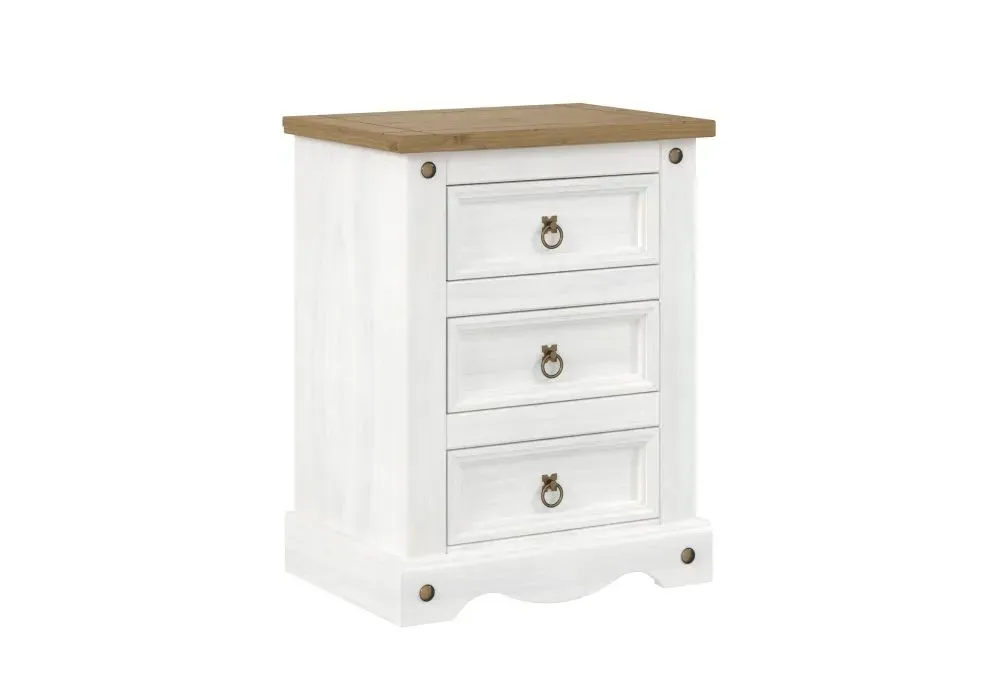 Corona Mexican 3 Drawer Bedside Cabinet - White, Pine