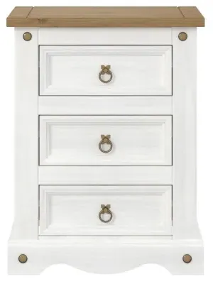 Corona Mexican 3 Drawer Bedside Cabinet - White, Pine