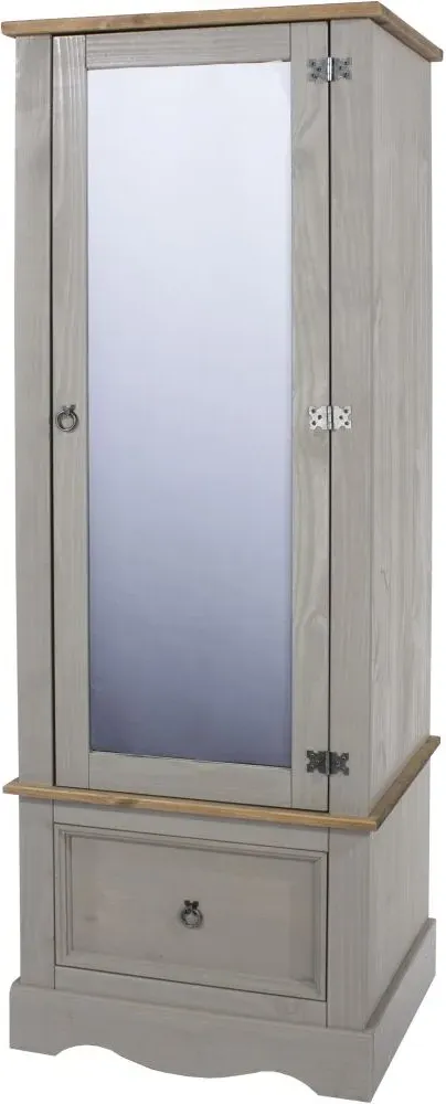 Corona Single Door Mirror Wardrobe with Drawer - Grey, Pine
