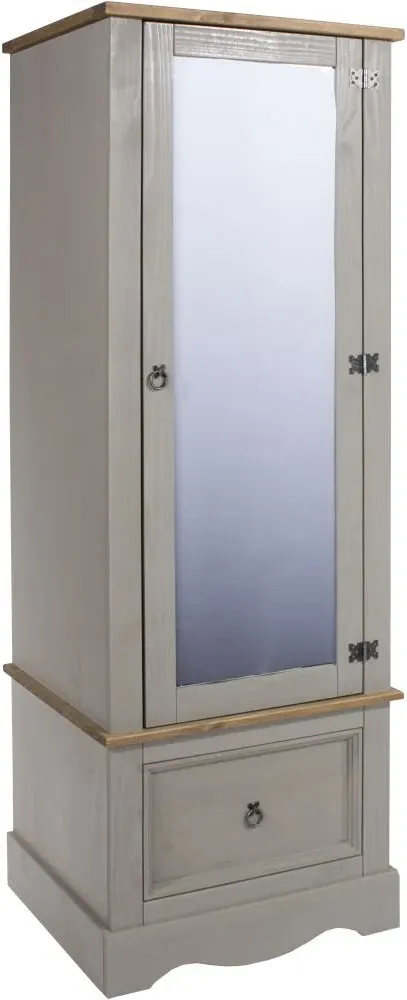 Corona Single Door Mirror Wardrobe with Drawer - Grey, Pine