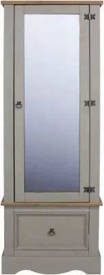 Corona Single Door Mirror Wardrobe with Drawer - Grey, Pine