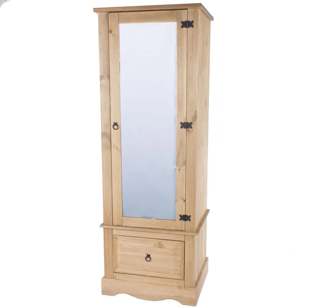 Corona Single Door Mirror Wardrobe with Drawer - Pine